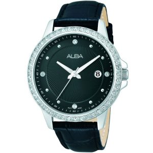 Ag8355x1 alba watch women black dial leather strap quartz movt japan analog diamond three hand fashion