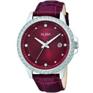 Ag8357x1 alba watch women red dial leather strap quartz movt japan analog diamond three hand fashion