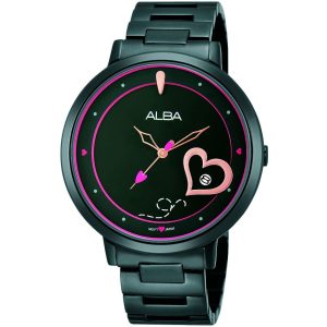 Ag8361x1 alba watch women heart black dial stainless steel metal strap quartz movt japan analog three hand