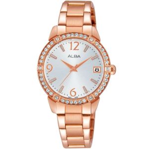 Ag8492x1 alba watch women silver white dial stainless steel metal rose gold strap quartz movt japan analog diamond three hand fashion