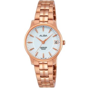 Ag8506x1 alba watch women silver white dial stainless steel water resist 5bar metal rose gold strap quartz movt japan analog three hand prestige