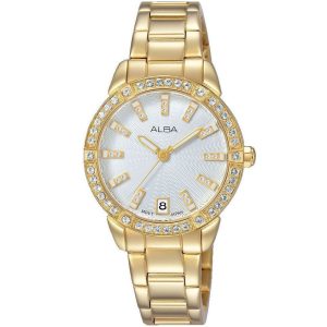 Ag8h02x1 alba watch women silver white dial stainless steel metal gold strap quartz movt japan analog diamond three hand fashion