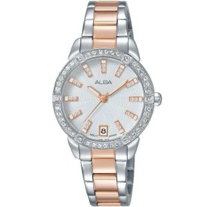Ag8h03x1 alba watch women silver white dial stainless steel metal rose gold two tone strap quartz movt japan analog diamond three hand fashion