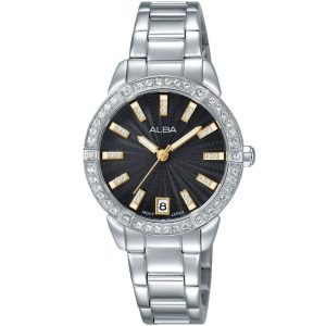 Ag8h05x1 alba watch women black dial stainless steel metal silver strap quartz movt japan analog diamond three hand fashion
