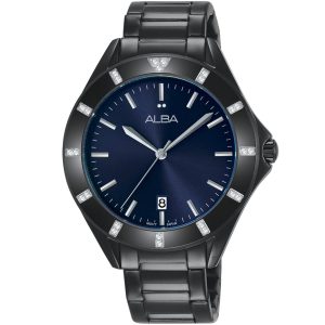 Ag8h53x1 alba watch women blue dial stainless steel metal black strap quartz movt japan analog diamond three hand fashion