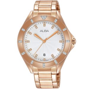 Ag8h54x1 alba watch women silver white dial stainless steel metal rose gold strap quartz movt japan analog diamond three hand fashion
