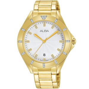 Ag8h56x1 alba watch women silver white dial stainless steel metal gold strap quartz movt japan analog diamond three hand fashion