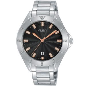 Ag8h57x1 alba watch women black dial stainless steel metal silver strap quartz movt japan analog diamond three hand fashion