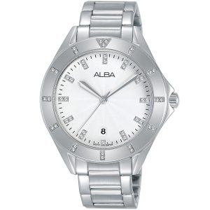 Ag8h59x1 alba watch women silver white dial stainless steel metal strap quartz movt japan analog diamond three hand fashion