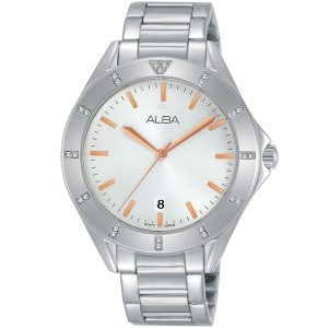 Ag8h61x1 alba watch women silver white dial stainless steel metal strap quartz movt japan analog diamond three hand fashion