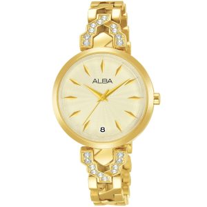 Ag8h74x1 alba watch women gold dial stainless steel metal golden strap quartz movt japan analog diamond three hand fashion