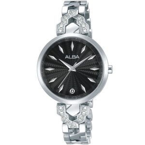 Ag8h75x1 alba watch women black dial stainless steel metal silver strap quartz movt japan analog diamond three hand fashion