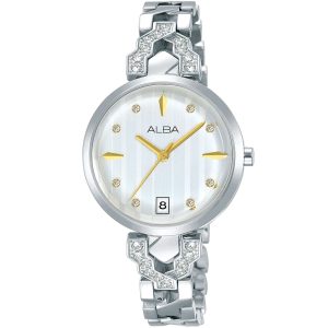 Ag8h79x1 alba watch women silver white dial stainless steel metal strap quartz movt japan analog diamond three hand fashion