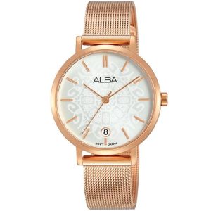 Ag8j04x1 alba watch women silver patterned dial stainless steel metal rose gold mesh strap quartz movt japan analog three hand fashion