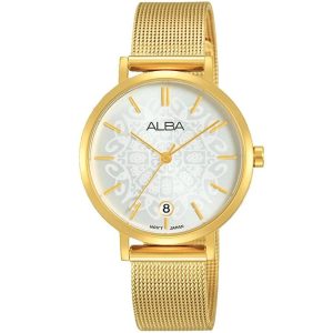 Ag8j06x1 alba watch women silver patterned dial stainless steel metal gold mesh strap quartz movt japan analog three hand fashion
