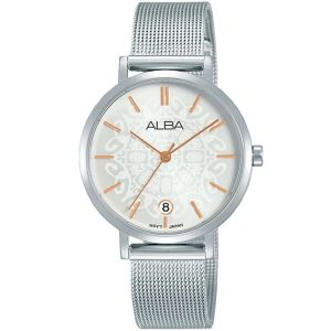 Ag8j07x1 alba watch women silver patterned dial stainless steel metal mesh strap quartz movt japan analog three hand fashion