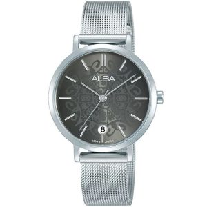 Ag8j09x1 alba watch women black patterned dial stainless steel metal silver mesh strap quartz movt japan analog three hand fashion