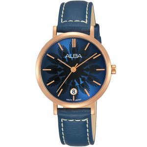 Ag8j10x1 alba watch women blue patterned dial leather strap quartz movt japan analog three hand fashion