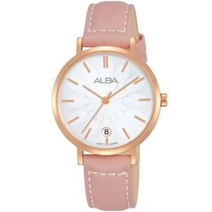 Ag8j12x1 alba watch women silver patterned dial leather pink strap quartz movt japan analog three hand fashion