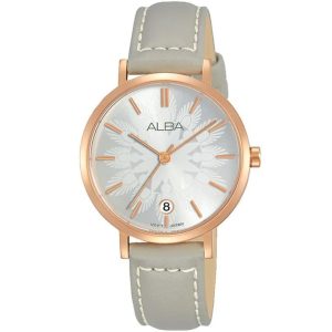 Ag8j14x1 alba watch women gray patterned dial leather strap quartz movt japan analog three hand fashion