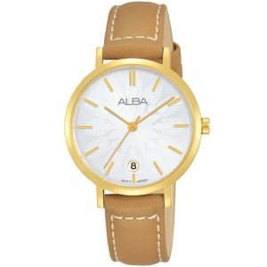 Ag8j16x1 alba watch women silver patterned dial leather havan strap quartz movt japan analog three hand fashion
