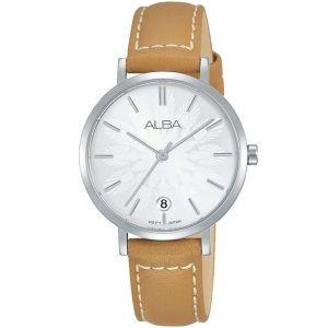 Ag8j17x1 alba watch women silver patterned dial leather havan strap quartz movt japan analog three hand fashion