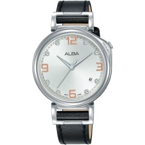 Ag8j23x1 alba watch women silver white dial leather black strap quartz movt japan analog three hand diamond signa flagship