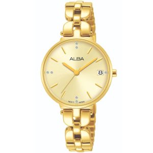 Ag8j48x1 alba watch women gold dial stainless steel metal golden strap quartz movt japan analog three hand fashion