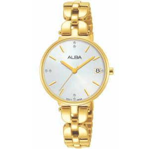 Ag8j50x1 alba watch women white dial stainless steel metal gold strap quartz movt japan analog three hand fashion