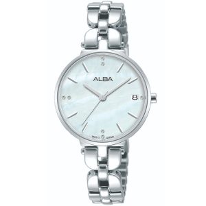 Ag8j51x1 alba watch women mother of pearl white dial stainless steel metal silver strap quartz movt japan analog three hand fashion