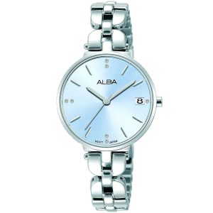 Ag8j55x1 alba watch women blue dial stainless steel metal silver strap quartz movt japan analog three hand fashion