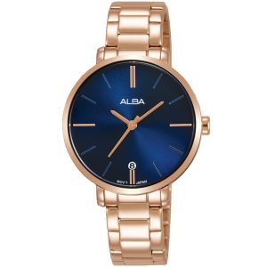 Ag8j56x1 alba watch women blue dial stainless steel metal rose gold strap quartz movt japan analog three hand fashion