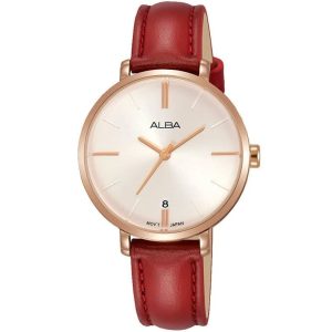 Ag8j64x1 alba watch women pink dial leather red strap quartz movt japan analog three hand fashion
