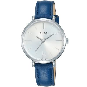 Ag8j67x1 alba watch women silver white dial leather blue strap quartz movt japan analog three hand fashion