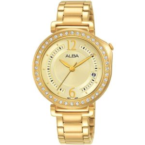 Ag8k08x1 alba watch women gold dial stainless steel metal golden strap quartz movt japan analog three hand diamond signa flagship