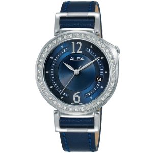 Ag8k13x1 alba watch women blue dial leather strap quartz movt japan analog three hand diamond signa flagship