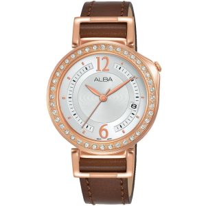 Ag8k16x1 alba watch women silver white dial leather brown strap quartz movt japan analog three hand diamond signa flagship