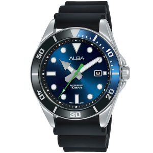 Ag8k17x1 alba watch men blue dial rubber black strap quartz movt japan analog water resist 10bar three hand active