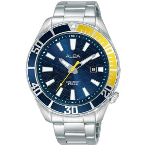 Ag8k25x1 alba watch men blue patterned dial stainless steel metal silver strap quartz movt japan analog water resist 10bar three hand active