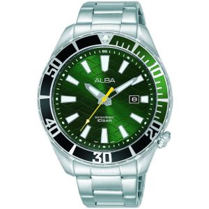 Ag8k29x1 alba watch men green patterned dial stainless steel metal silver strap quartz movt japan analog water resist 10bar three hand active