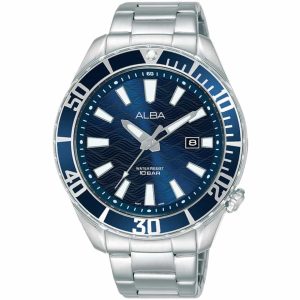 Ag8k31x1 alba watch men blue patterned dial stainless steel metal silver strap quartz movt japan analog water resist 10bar three hand active