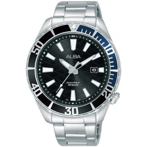 Ag8k33x1 alba watch men black patterned dial stainless steel metal silver strap quartz movt japan analog water resist 10bar three hand active