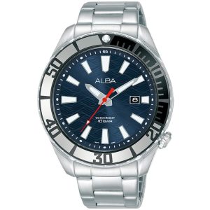 Ag8k35x1 alba watch men blue patterned dial stainless steel metal silver strap quartz movt japan analog water resist 10bar three hand active