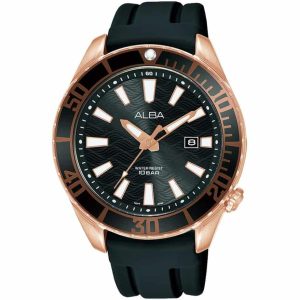 Ag8k36x1 alba watch men black patterned dial rubber strap quartz movt japan analog water resist 10bar three hand active