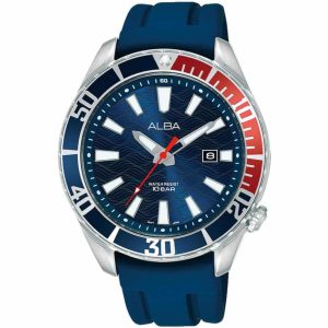 Ag8k37x1 alba watch men blue patterned dial rubber strap quartz movt japan analog water resist 10bar three hand active
