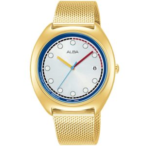 Ag8k44x1 alba watch women white dial stainless steel metal gold mesh strap quartz movt japan analog water resist 5bar three hand fusion active