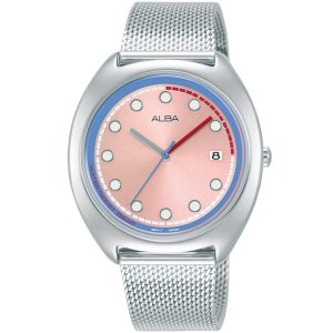Ag8k45x1 alba watch women pink dial stainless steel metal silver mesh strap quartz movt japan analog water resist 5bar three hand fusion active