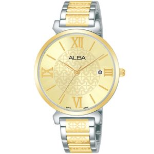 Ag8k74x1 alba watch women gold patterned dial stainless steel metal silver gold two tone strap quartz movt japan analog three hand fashion