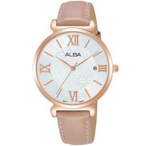 Ag8k78x1 alba watch women silver patterned dial leather beige strap quartz movt japan analog three hand fashion