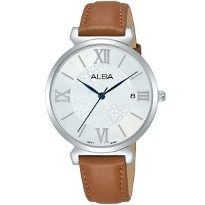 Ag8k79x1 alba watch women silver patterned dial leather brown strap quartz movt japan analog three hand fashion